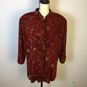 Vikki Vi Jacket Top 1X Womans Plus Red Gold Floral Mandarin Collared Slinky Knit